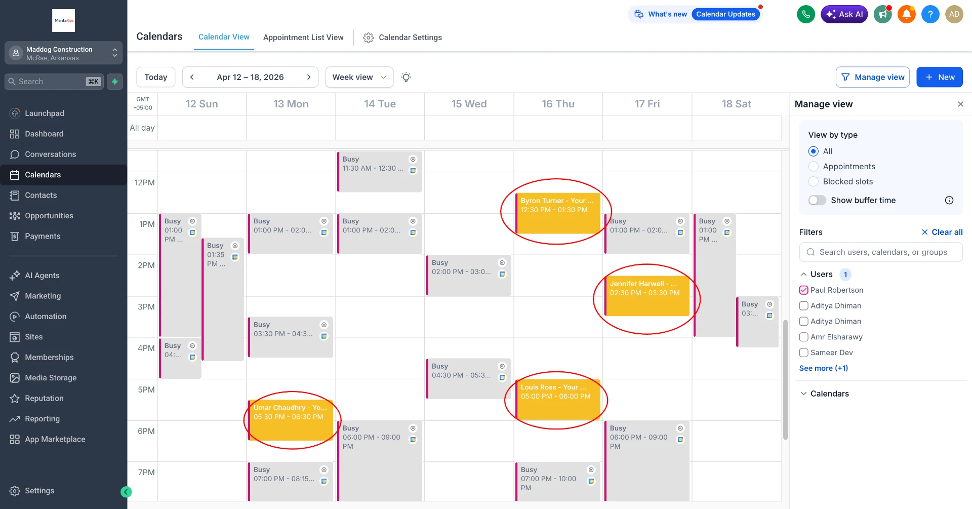 A client's week-view calendar filled with booked homeowner appointments generated by RedSeal Media campaigns